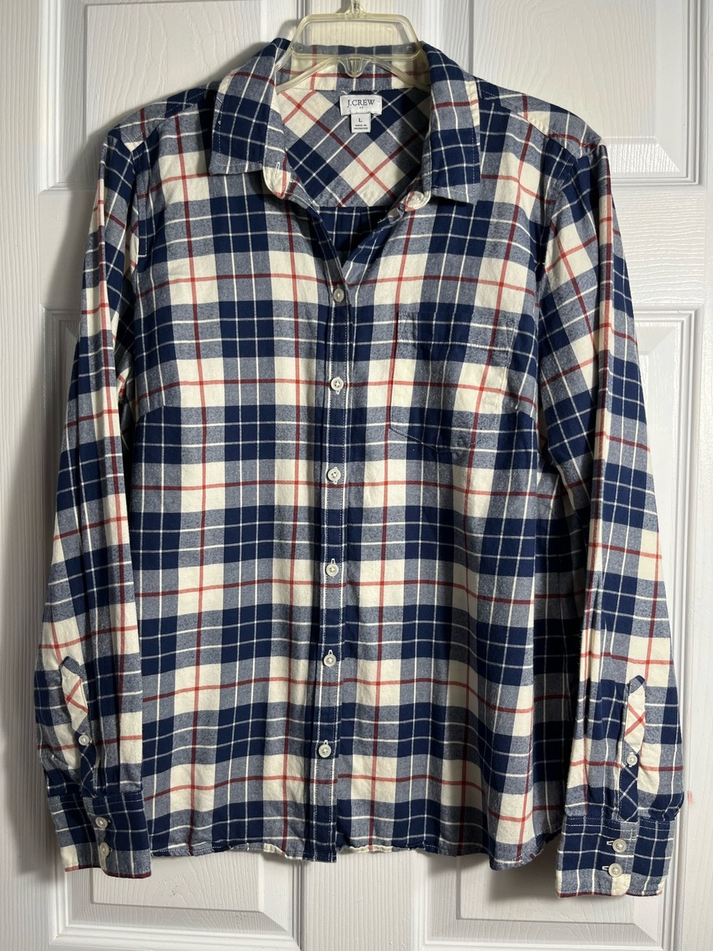 J. Crew Blue, White & Red Plaid Flannel Button-Down Shirt L